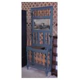 Walnut antique hall tree w/ hooks & beveled