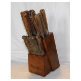 Pioneer Woman wooden knife block w/ knives,