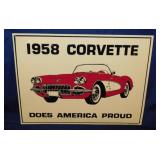 1958 Corvette embossed metal sign, 12" x 9"