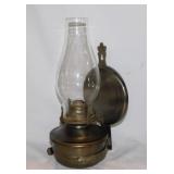 Brass wall mount oil lamp w/ glass chimney -