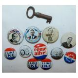 11 vintage political pinback button pins - Brass