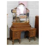 1933 carved walnut vanity w/ mirror & 3 drawers