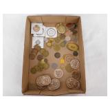 Flat of tokens, pressed pennies, Good Luck coins