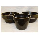 3 vintage brown glazed stoneware crock planters