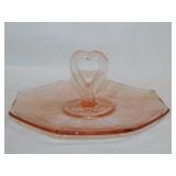 Pink Depression glass: Heart handled tidbit tray