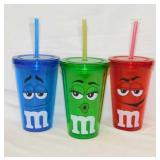 3 new M&M's insulated tumblers w/ straws, 6' tall