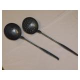 2 antique hand forged wrought iron ladles, one is