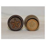 2 antique primitive wood bell butter mold stamps,