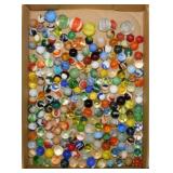 Flat of vintage swirl glass marbles, 7 shooters
