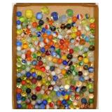 Flat of vintage swirl glass marbles, 7 shooters