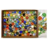 Flat of vintage swirl glass marbles, some are