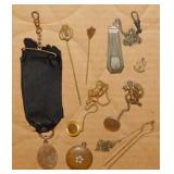 Antique gold filled watch fob chains, stick pins,