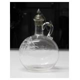 Antique blown etched glass rim jug decanter w/