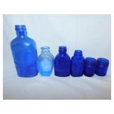 6 vintage cobalt glass bottles & jars