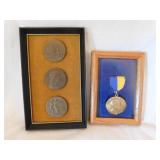 Set of 3 framed French bronze medals, 5.5" x 9" -
