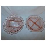 2 pink Depression Glass divided relish trays
