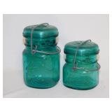 2 vintage green glass Ball Ideal Mason jars