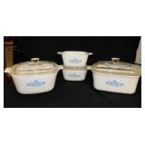 4 Corning Blue Cornflower casseroles, 3 lids