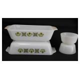 Two 1968 Fire-King Green Meadow loaf dishes -