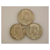 Three 1964 Kennedy 90% silver half dollar coins