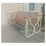 Wood & metal porch patio glider bench, 56' wide -