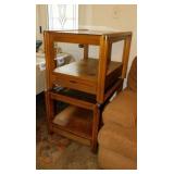 Pair of 1968 wood & smoked glass end tables w/