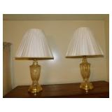 2 glass & brass table lamps w/ pleated linen