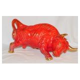 Large gilded red ceramic bull statue marked USA,