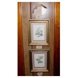 2 small pink rose prints in frames -