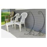 2 wrought iron hanging basket stands - 4 resin