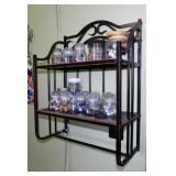 Metal wall shelf - 17 glass jars of buttons,
