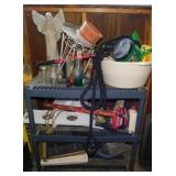 Plastic 3 shelf shelving unit & contents