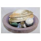 Seashells in ceramic bowl