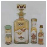 4 glass sand art bottles, tallest is 9.5'