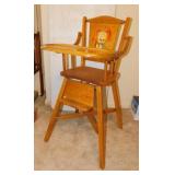 Vintage wood high chair w/ puppy backrest, 36'