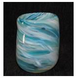 Blown aquamarine swirl glass candle holder w/