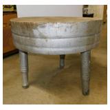 Primitive round oak butcher block table w/ 3 legs,