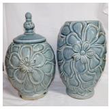 Glazed stoneware vase & urn w/ lid, 13" tall