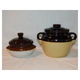 Vintage brown band bean crock w/ lid marked USA,