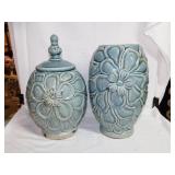 Glazed stoneware vase & urn w/ lid, 13" tall