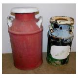 2 vintage rustic milk cans, tallest is 23"