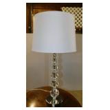 Modern lucite table lamp w/ linen barrel shade &