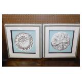 2 celadon & mocha rosette prints, double matted &