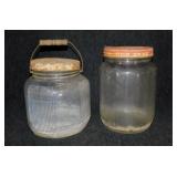 2 vintage glass food storage jars w/ metal lids,