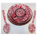 Red spatterware: 2 dinner plates - 3 bowls - Mug -