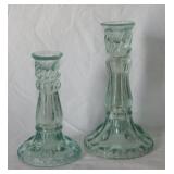2 ice blue glass candlesticks, 6" & 8" tall