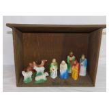 Vintage chalkware & plastic Nativity in wooden