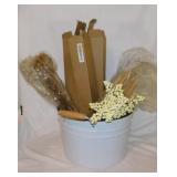 Dried floral dï¿½cor in enamel bucket w/ handles,