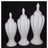 Set of 3 glazed pottery urn jars w/ lids, tallest