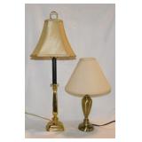 2 brass table lamps w/ linen shades, 17" and 27"